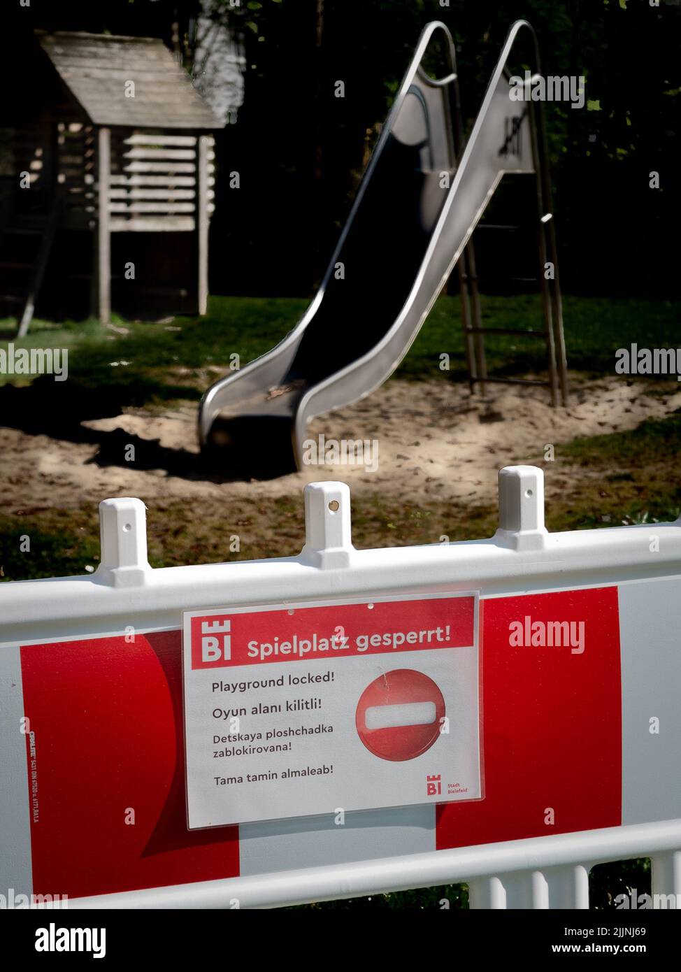 A scenic shot of a closed playground at the beginning of the COVID 19 pandemic in Bielefeld, Germany Stock Photo