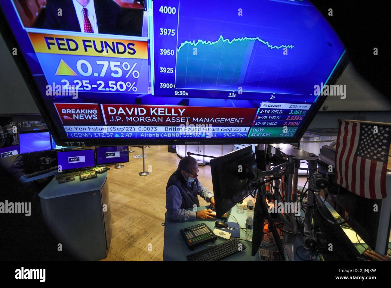 A screen displays the Fed rate announcement as a trader works on the floor of the New York Stock Exchange (NYSE) in New York City, U.S., July 27, 2022. REUTERS/Brendan McDermid Stock Photo