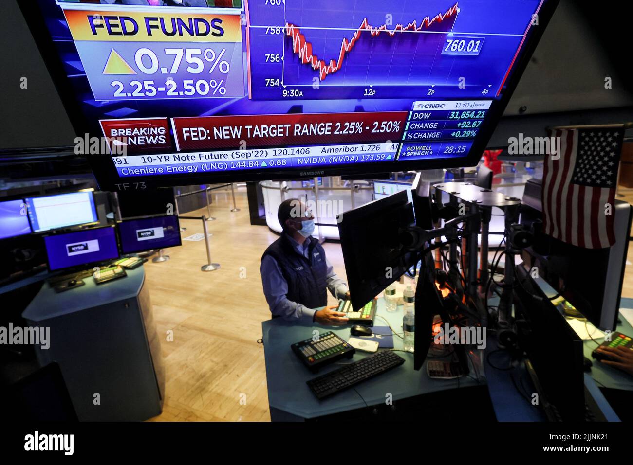 A screen displays the Fed rate announcement as a trader works on the floor of the New York Stock Exchange (NYSE) in New York City, U.S., July 27, 2022. REUTERS/Brendan McDermid Stock Photo
