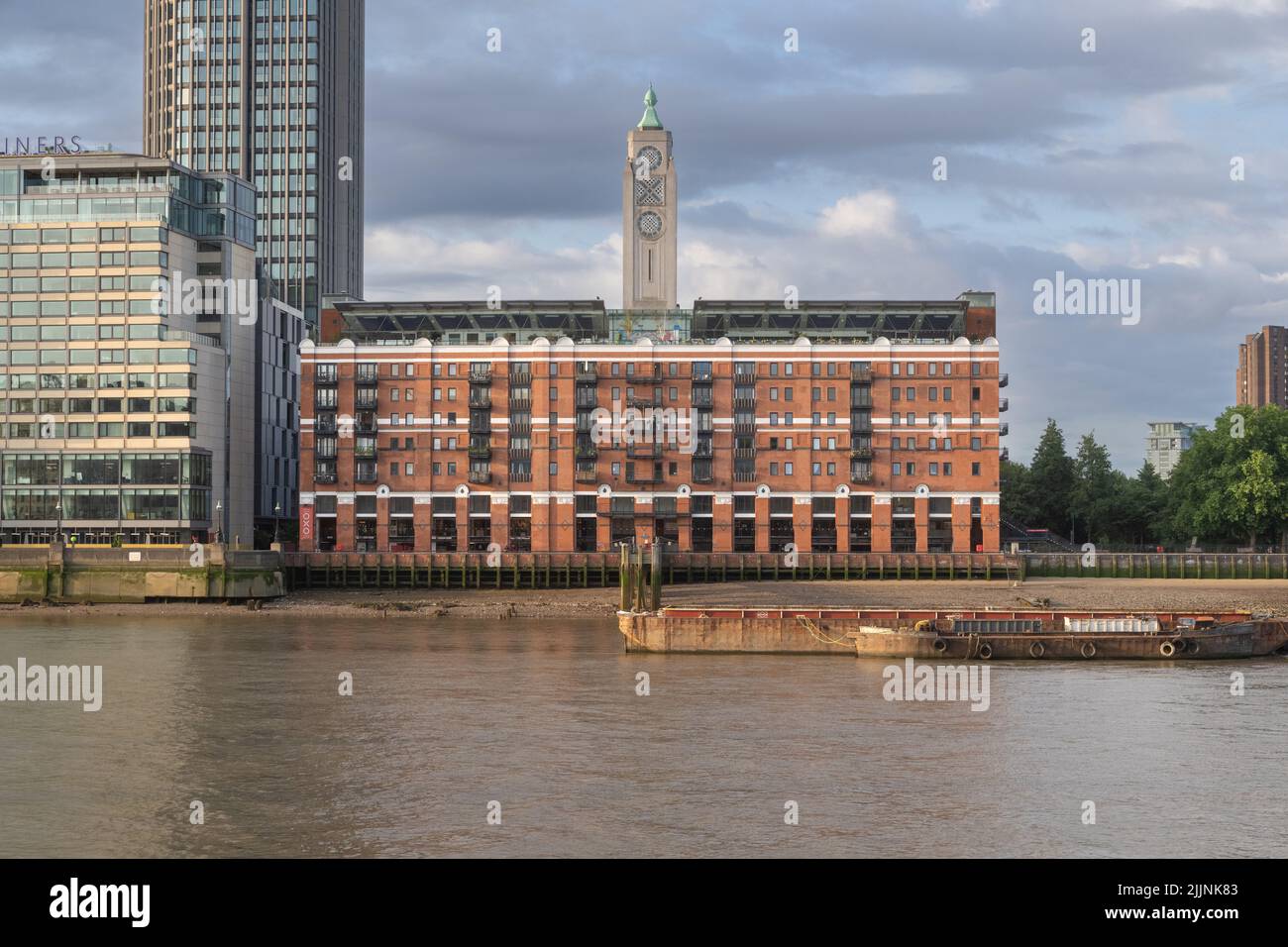 The Oxo Tower is a building with a prominent tower on the south bank of the River Thames in London Stock Photo
