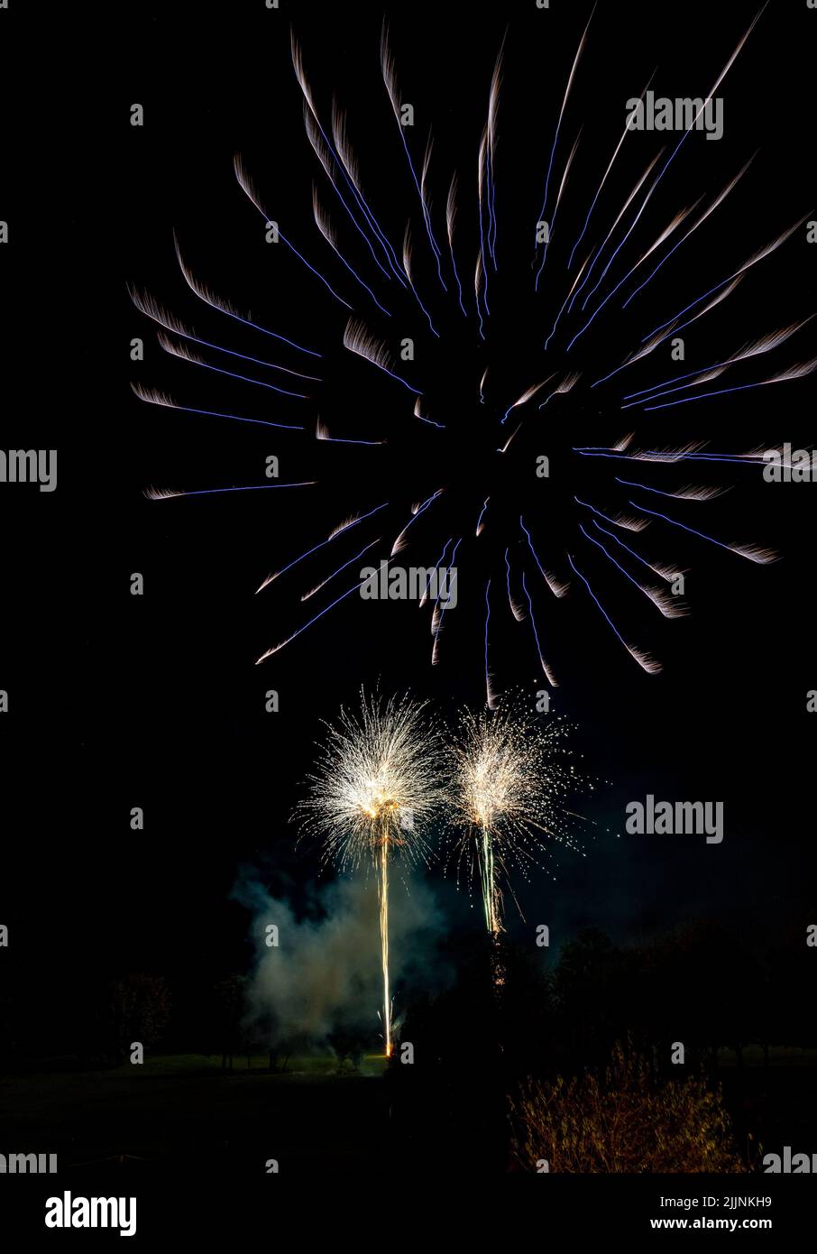 A vertical view of a beautiful firework in night black sky Stock Photo