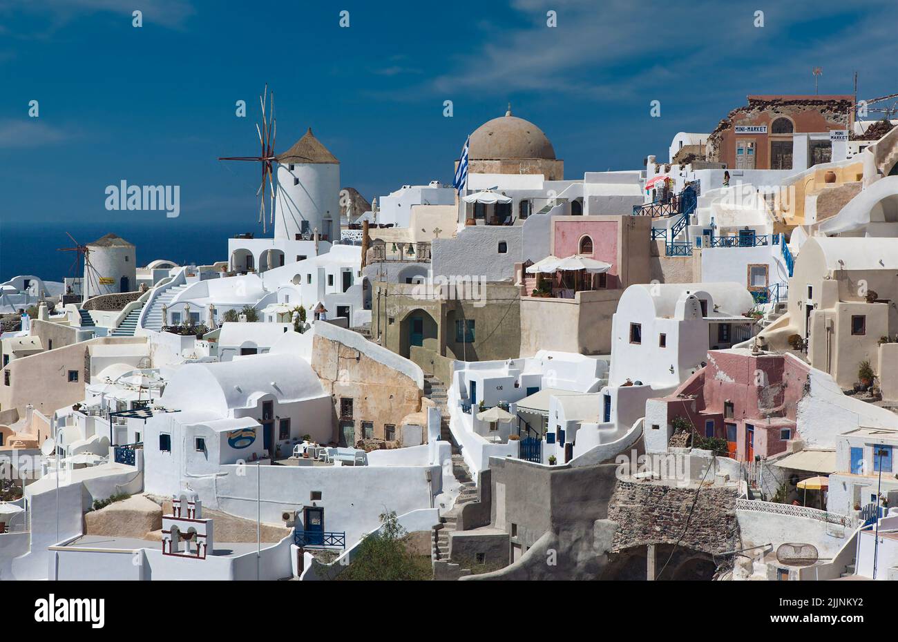 A stunning view of Thira, on the island of Santorini with beautiful white buildings, Greece Stock Photo