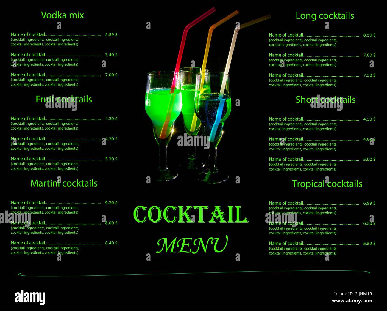 Cocktail menu concept for your bar or restaurant on a black background with a green text and three small glasses with a straws. Menu design. Stock Photo