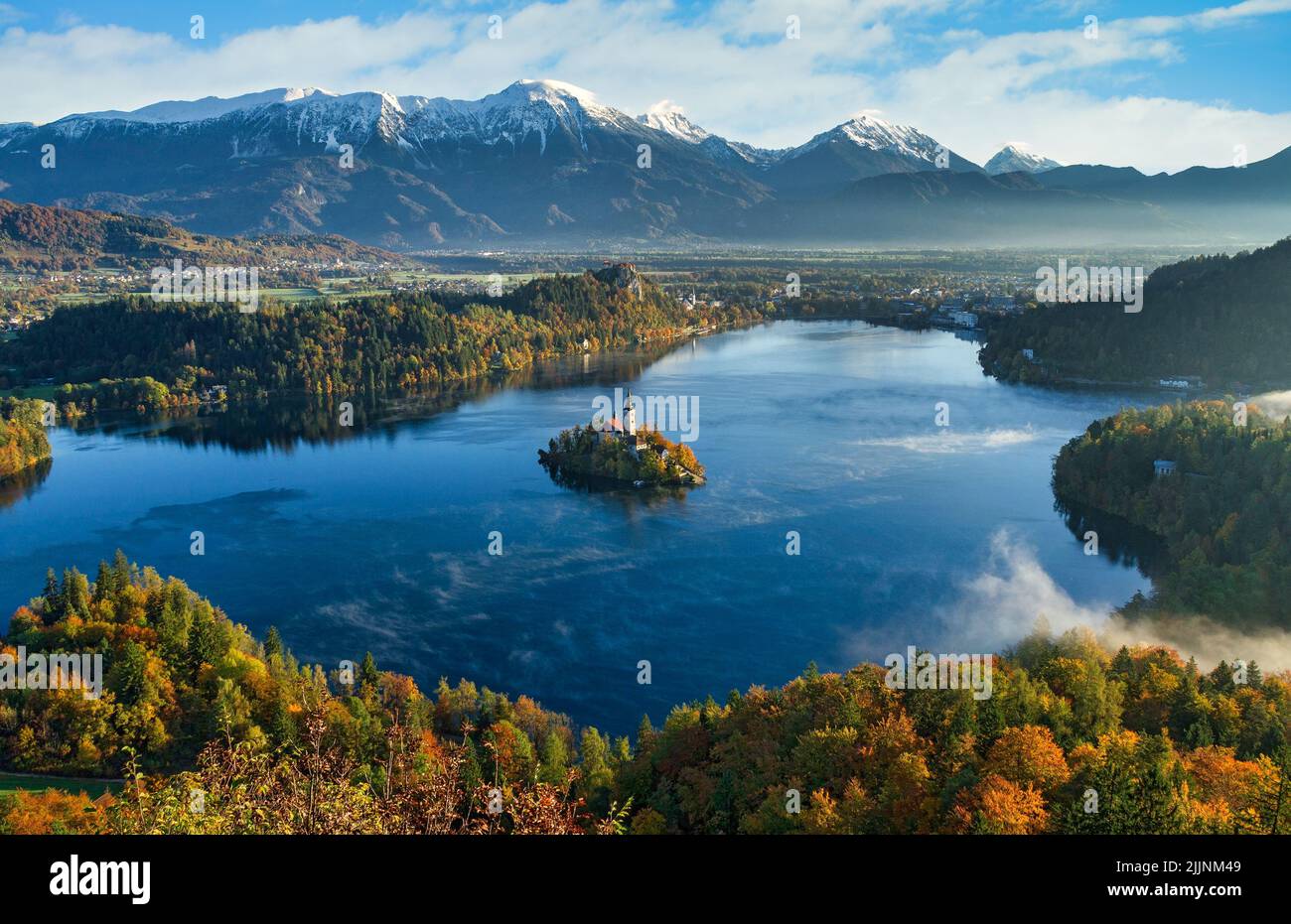 An aerial view of Lake Bled and the Church of Mary the Queen or Our Lady of the Lake in Slovenia Stock Photo