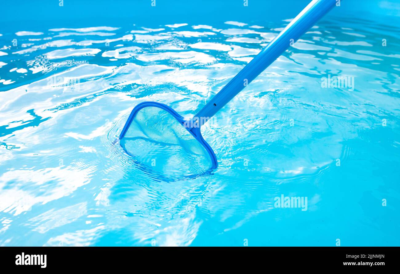 Process of cleaning swimming pool by a hand net during summer time