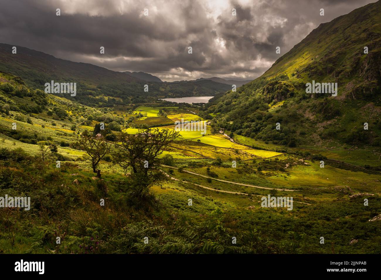 Nant Gwynant Valley landscape on a stormy day, Snowdonia National Park, Wales, UK Stock Photo