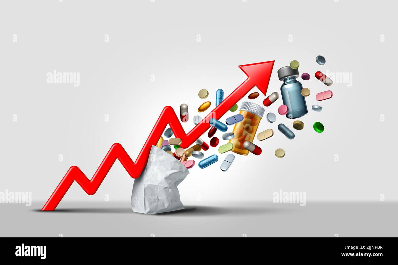 Rising medicine cost and medication prices surging costs of pharmacy and pharmacies as an inflation financial crisis concept coming out of a paper bag Stock Photo