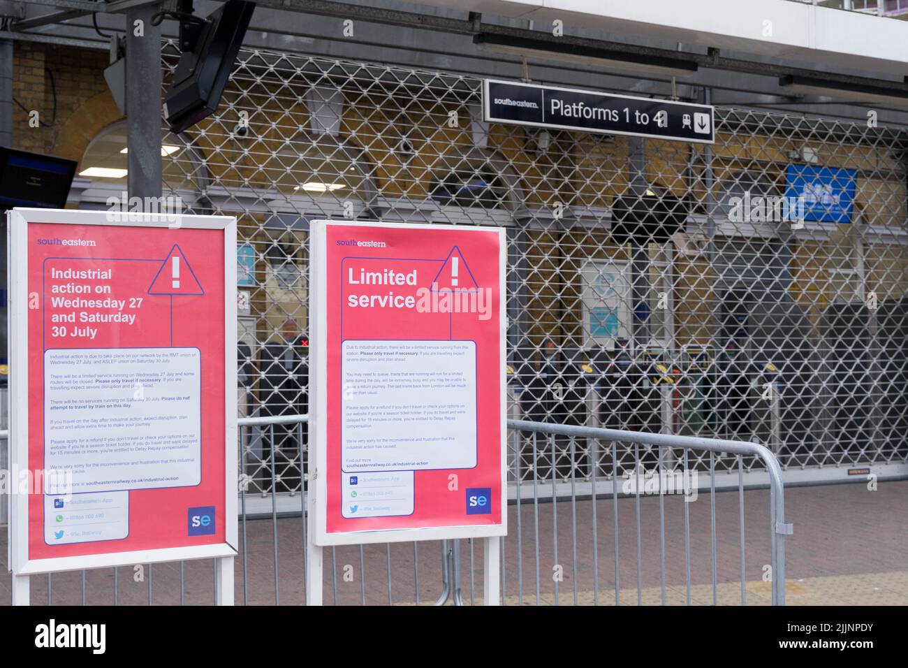 London UK, 27th July 2022.  strike action notice board at Southeastern railway station at Lewisham is shut as more than 40,000 members of the RMT union working at Network Rail among14 train operators are on strike today across the UK. Credit: glosszoom/Alamy Live News Stock Photo