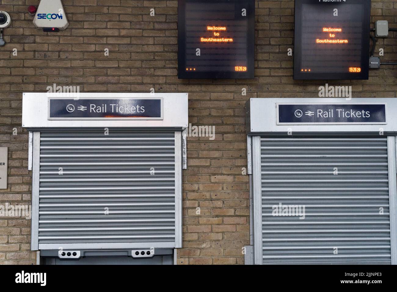 London UK, 27th July 2022.  Southeastern railway station at Lewisham is shut as more than 40,000 members of the RMT union working at Network Rail among14 train operators are on strike today across the UK. Credit: glosszoom/Alamy Live News Stock Photo