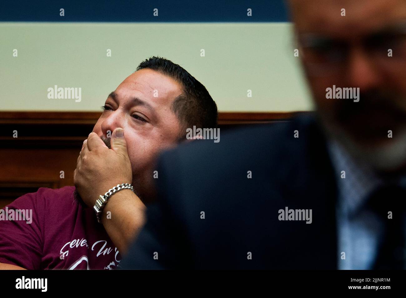 Javier Cazares, whose nine year-old daughter Jacklyn was one of the children killed by a gunman at Robb Elementary School in Uvalde, Texas, listens to the witnesses during a House Committee on Oversight and Reform hearing âExamining the Practices and Profits of Gun Manufacturersâ in the Rayburn House Office Building in Washington, DC, July 27, 2022. Credit: Rod Lamkey/CNP Stock Photo