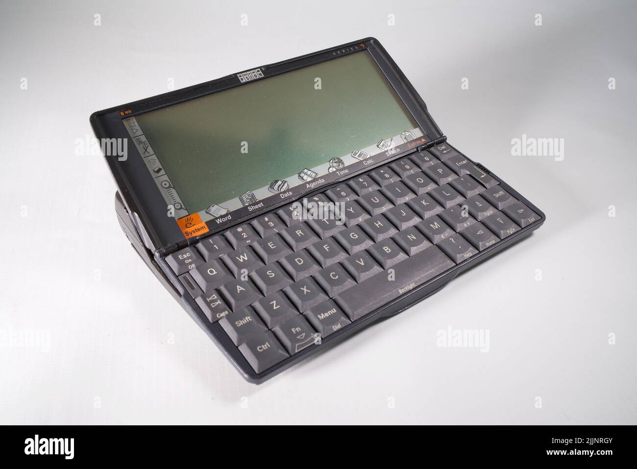 A closeup of a Psion 5a PDA or Palmtop on a white background in London, UK Stock Photo