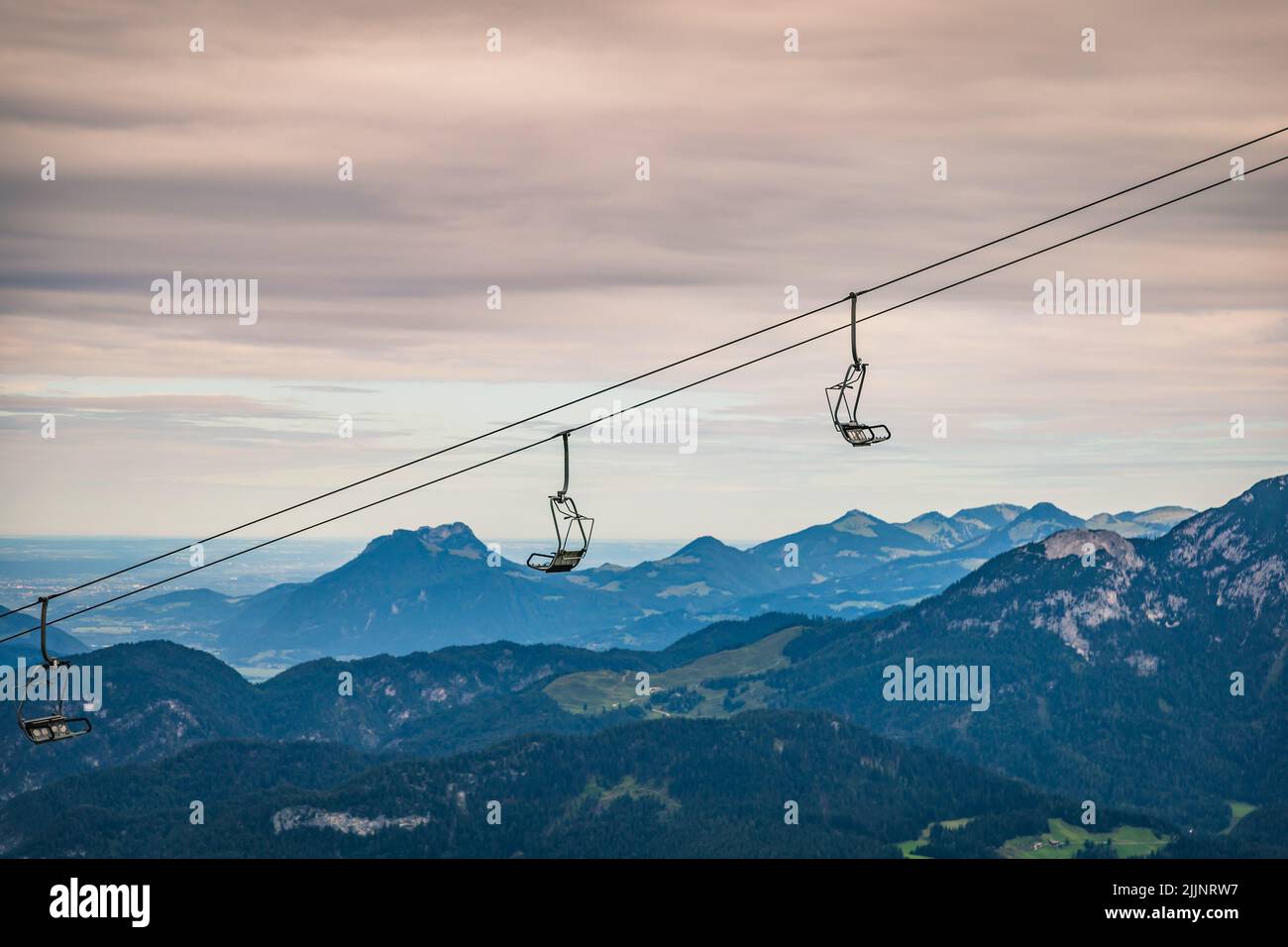 An aerial lift near the peaks of the hills above the gorge Stock Photo
