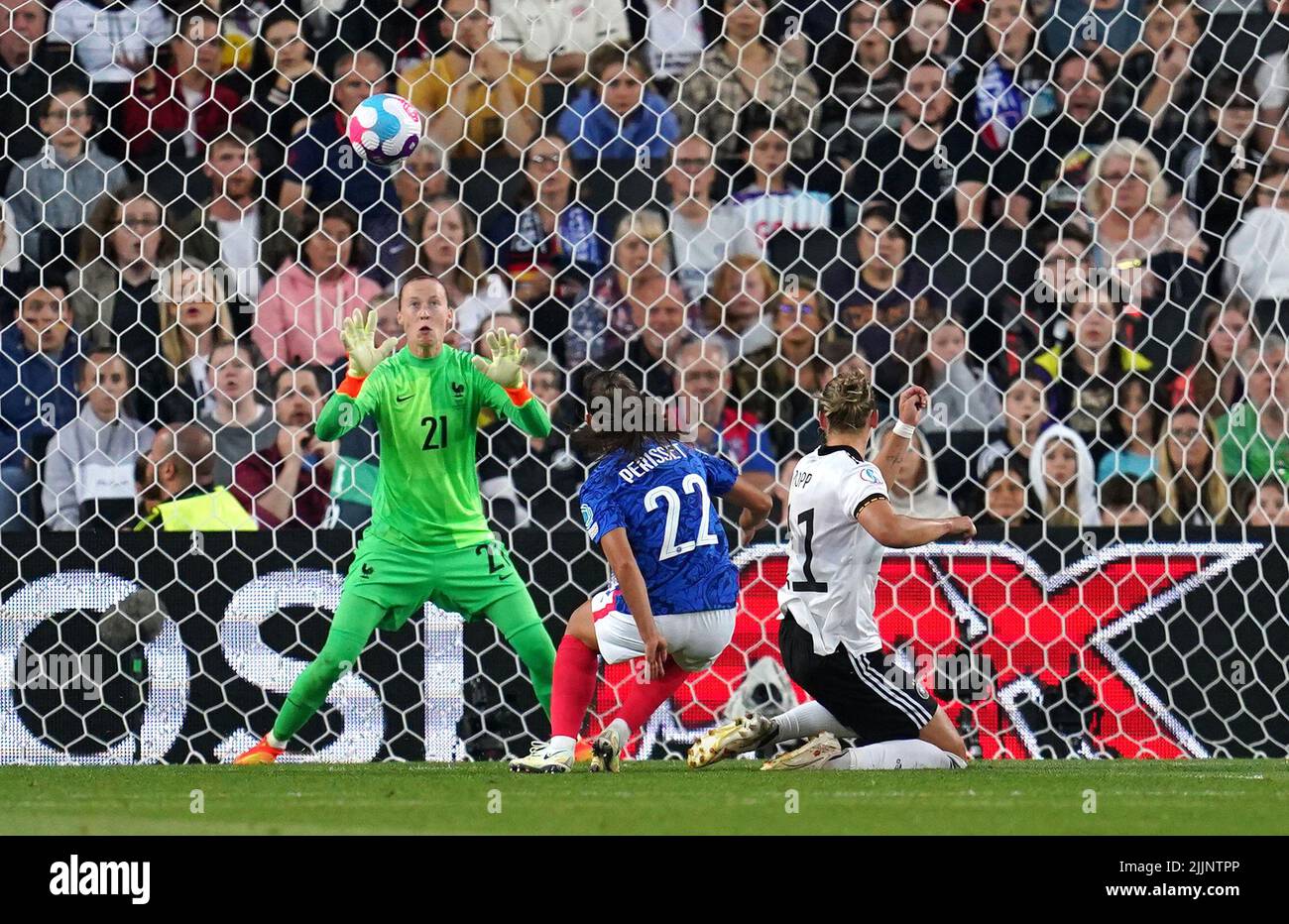 Germany's Alexandra Popp scores their side's first goal of the game during the UEFA Women's Euro 2022 semi-final match at Stadium MK, Milton Keynes. Picture date: Wednesday July 27, 2022. Stock Photo