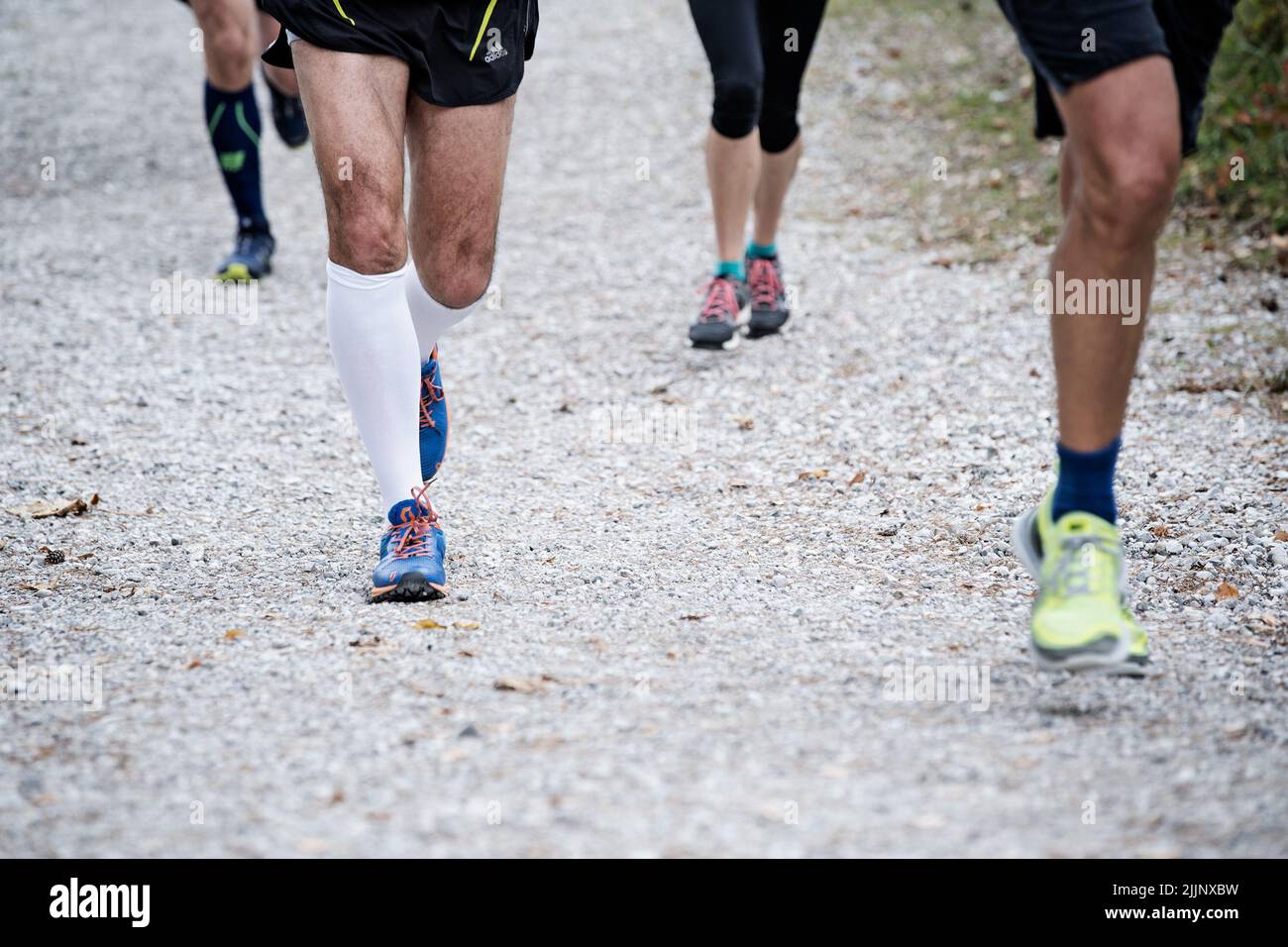 A closeup of people's legs running on a racetrack in trainers and