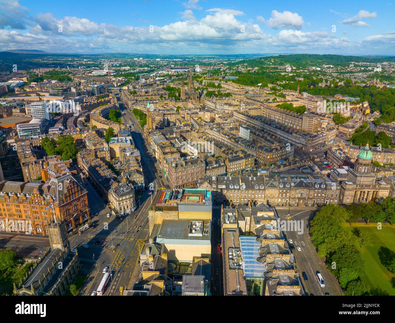 New Town aerial view on Princes Street at Queensferry Street and Shandwick Place with St Mary's Cathedral in Edinburgh, Scotland, UK. New Town Edinbur Stock Photo