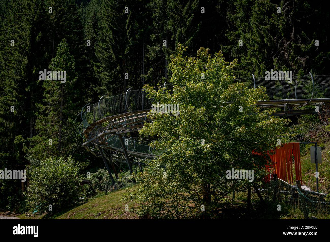 Summer toboggan in Switzerland. Run Strobl made of stainless steel