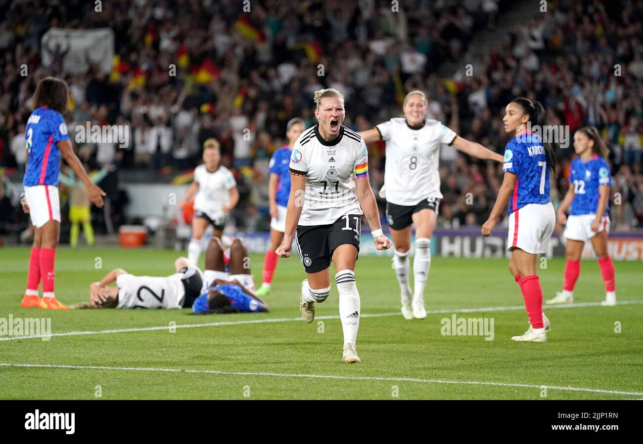 Germany's Alexandra Popp celebrates scoring their side's second goal of the game during the UEFA Women's Euro 2022 semi-final match at Stadium MK, Milton Keynes. Picture date: Wednesday July 27, 2022. Stock Photo
