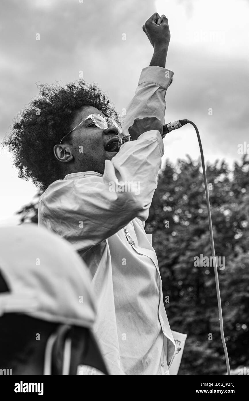 A grayscale shot of the Black lives matter protest, Glasgow green. UK