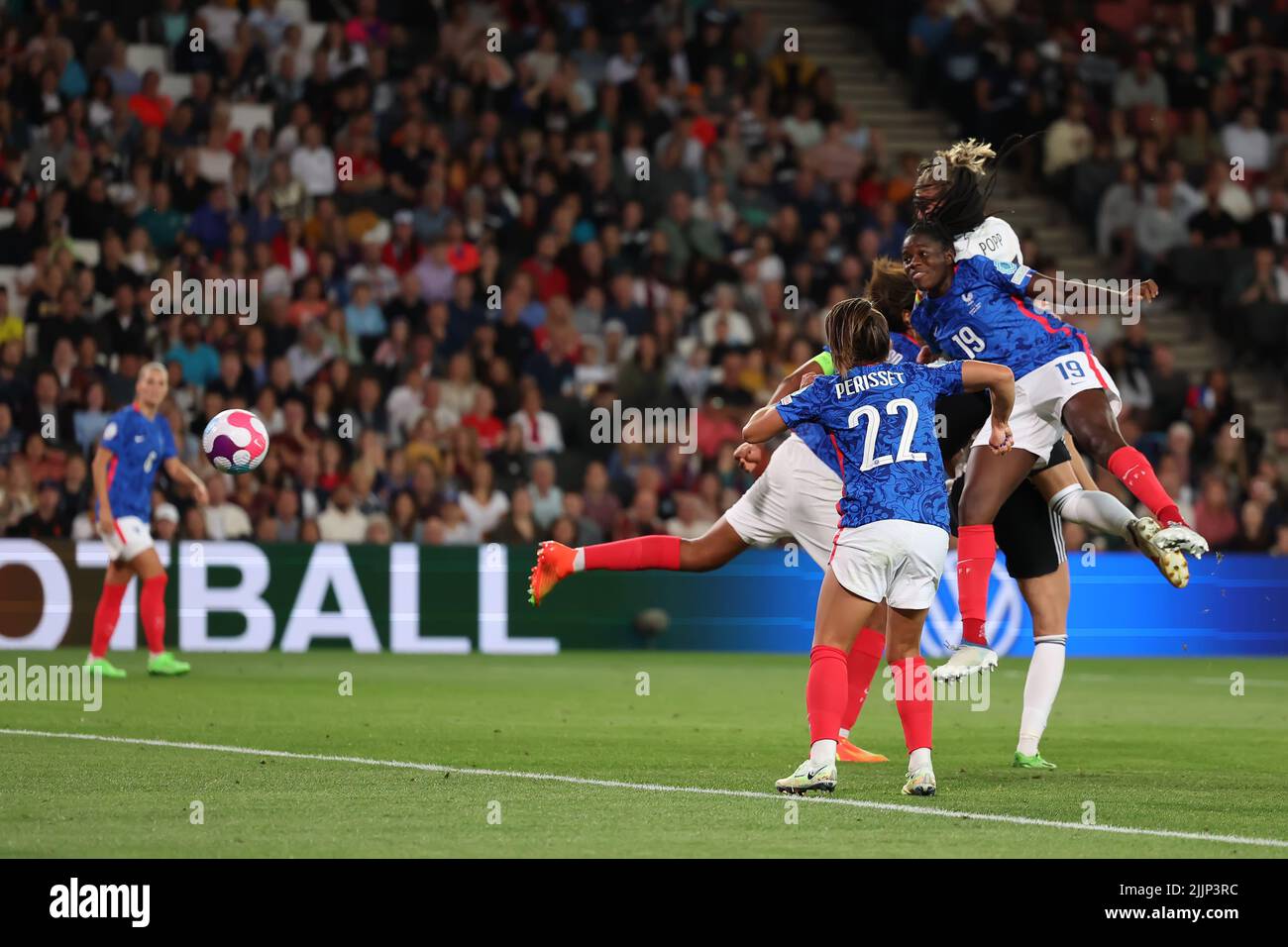 27th July 2022; Stadium MK, Milton Keynes, Bucks, England: Womens European International football tournament, semi-final; France versus Germany: Alexandra Popp of Germany climbs highest for the cross and scores her second for 1-2 in the 76th minuteCredit: Action Plus Sports Images/Alamy Live News Stock Photo