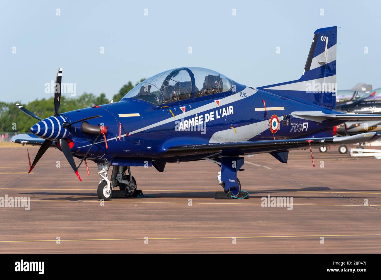 French Air Force Pilatus PC-21 training plane of the Mustang X-Ray Demo Team at the Royal International Air Tattoo, RIAT airshow, RAF Fairford, UK Stock Photo