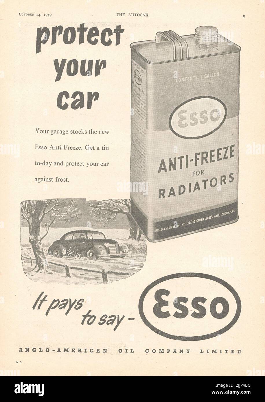 Protect your car Anti-freeze for radiators Esso old vintage advertisement from a UK car magazine Stock Photo