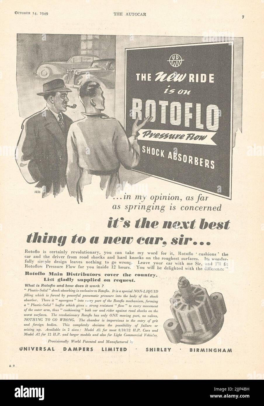 Rotoflo Pressure Flow Shock Absorbers Universal Dampers Limited old vintage advertisement from a UK car magazine Stock Photo
