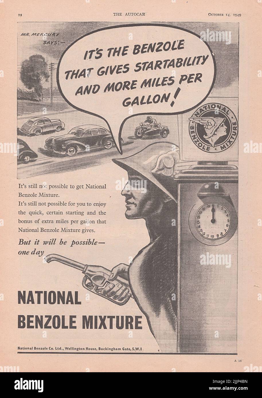 National Benzole Mixture old vintage advertisement from a UK car magazine 1949 Stock Photo