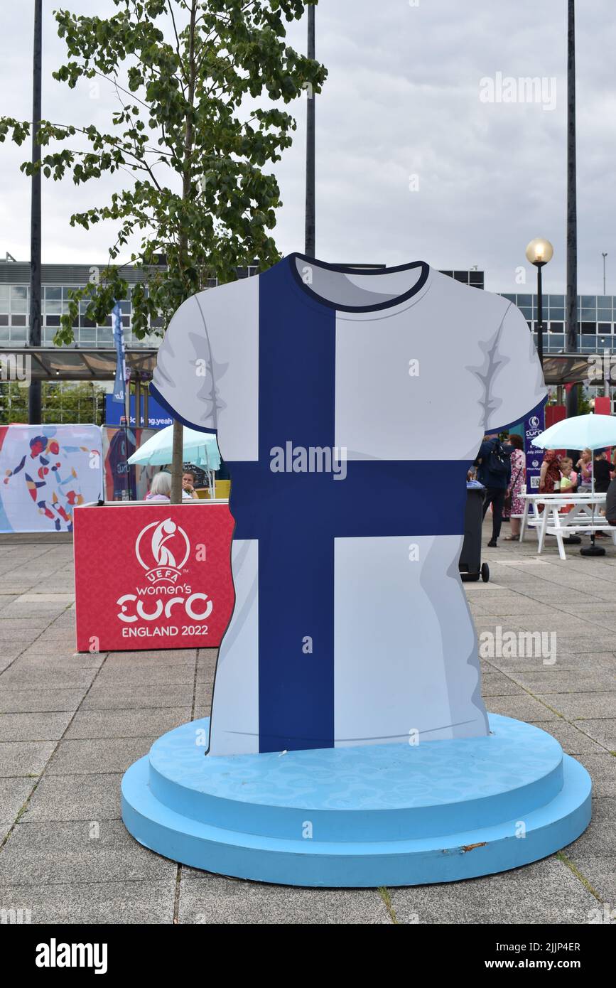 A selfie spot for Finnish fans at the Fan Zone in Station Square, Milton Keynes at the UEFA Women's Euros 2022. Stock Photo
