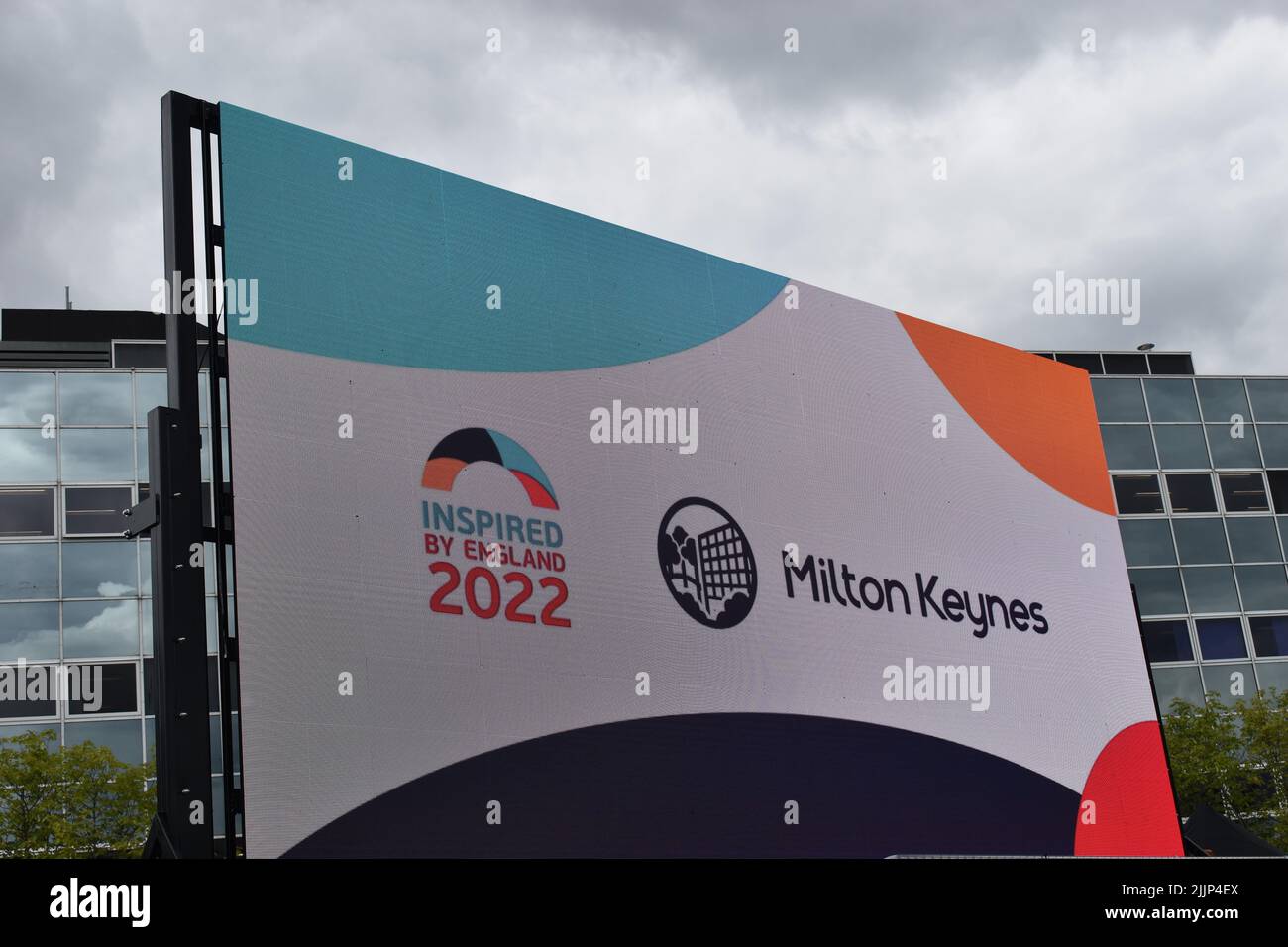 Billboard for the UEFA Womens Euro 2022 at the fan zone at Station Square, Milton Keynes: 'Inspired by England 2022'. Stock Photo