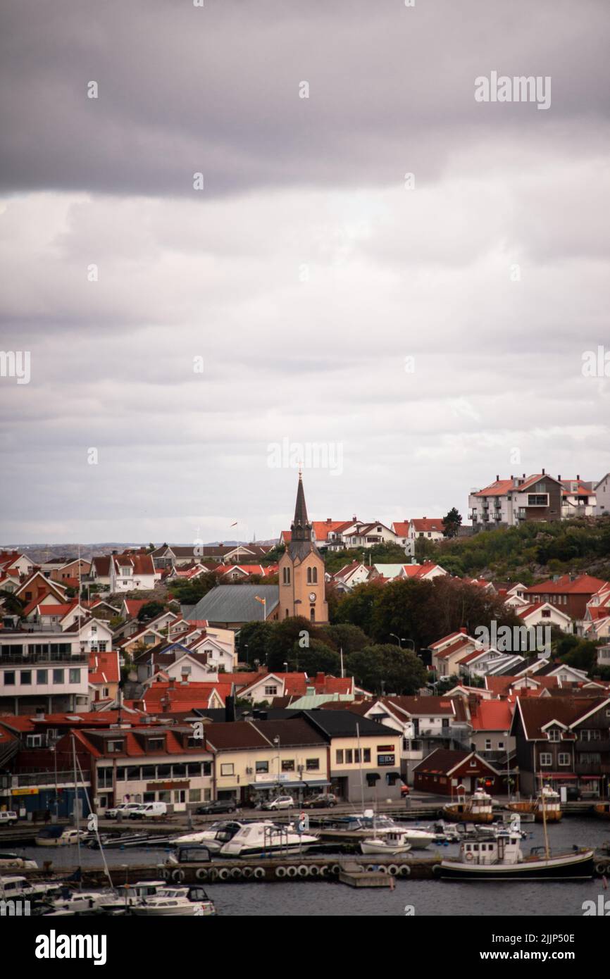 A vertical shot of the seaside cit…