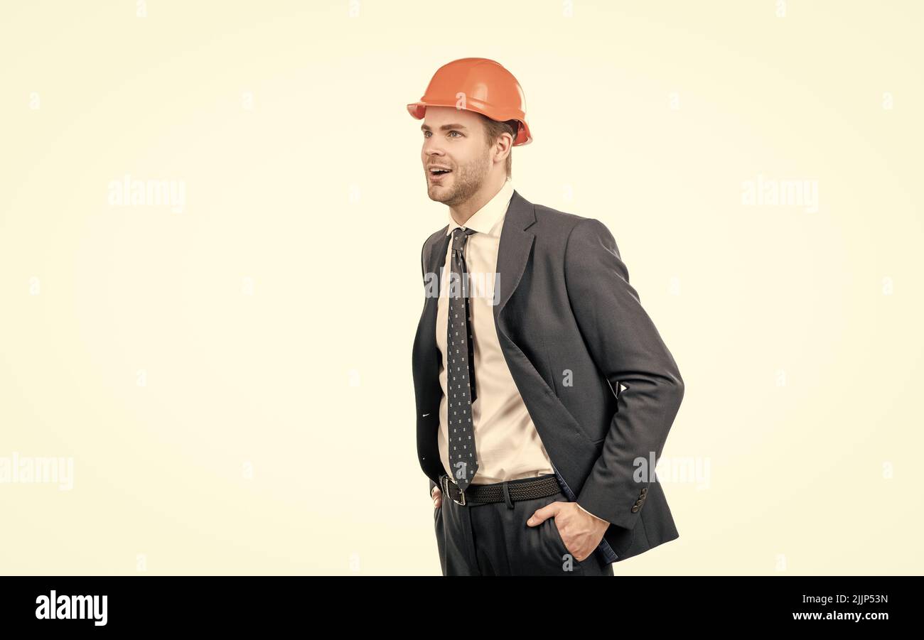 Way better than just engineering. Surprised engineer. Civil engineering. Professional man Stock Photo