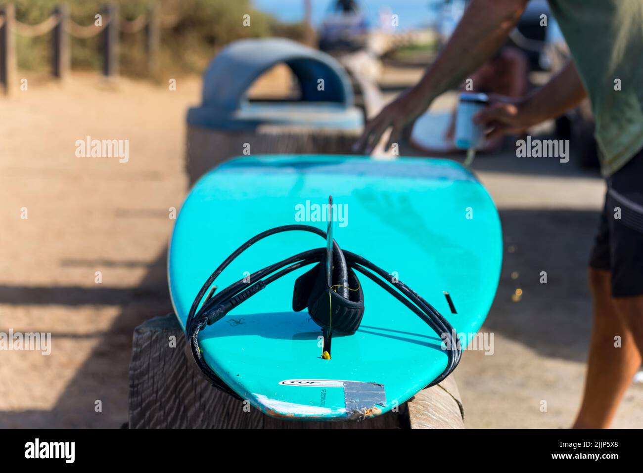 Close up of a surfboard at Sunset Cliffs Natural Park. San Diego, California, USA. Stock Photo