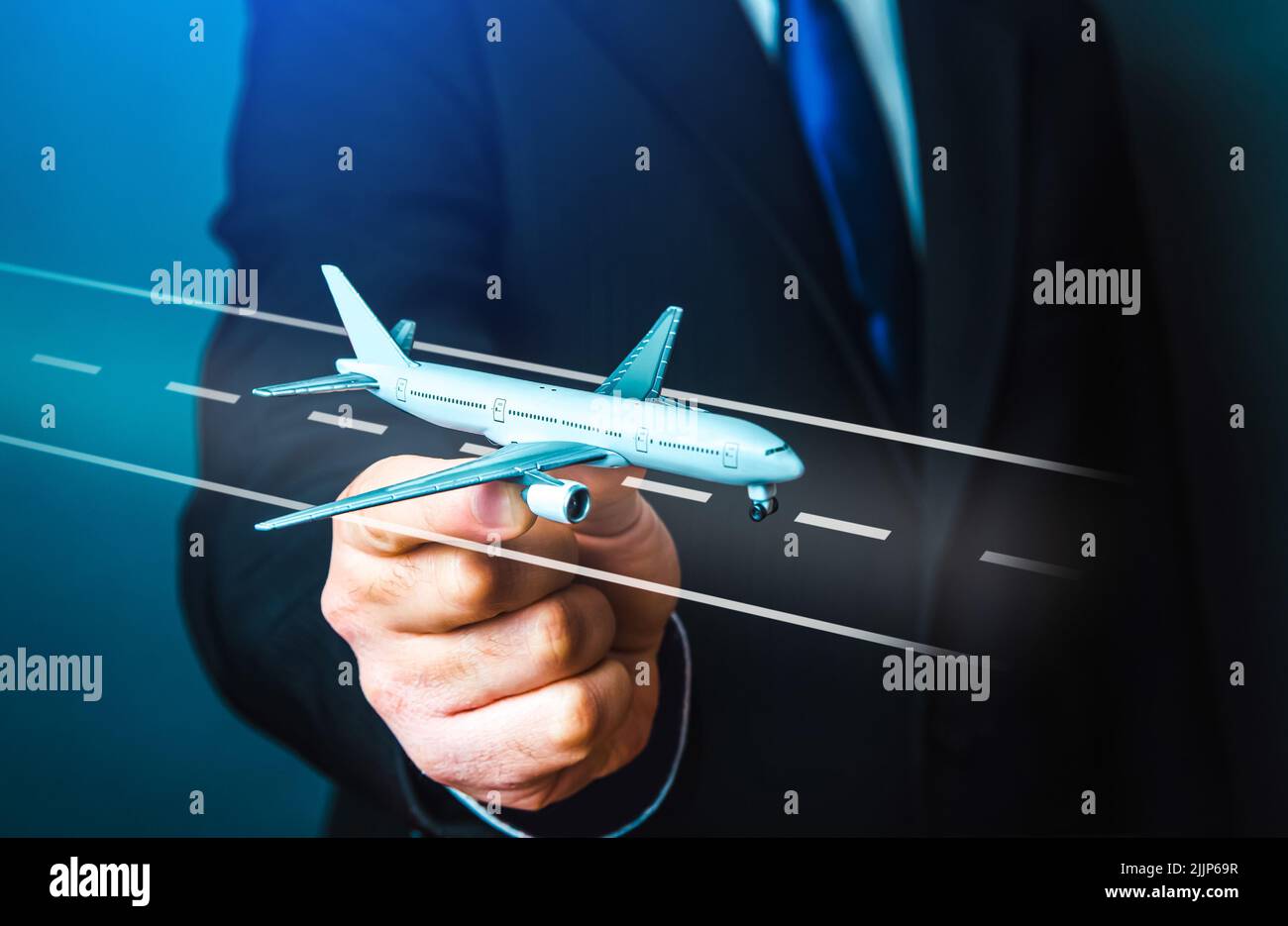 Businessman launches the plane into flight. Business and transport, air communication. Opening new airports, increasing accessibility, improving condi Stock Photo