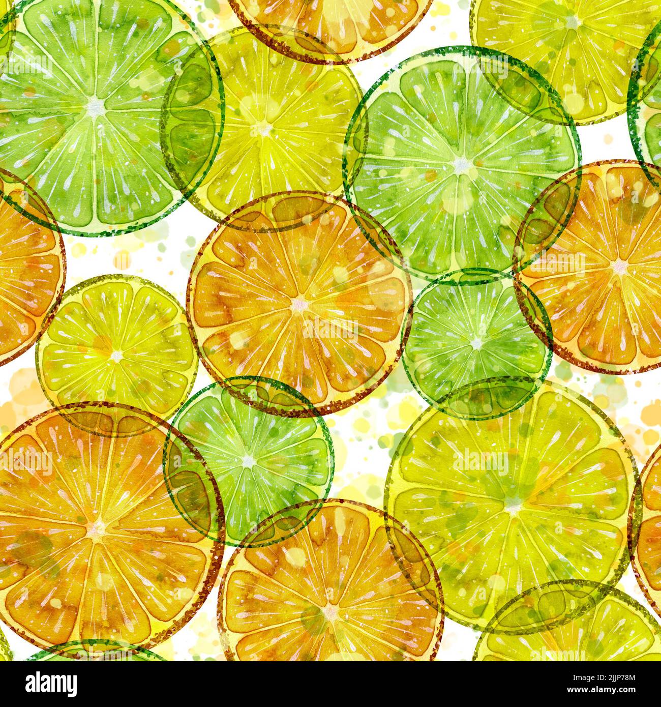 Citrus slices of lemon, lime, orange with splashes of paint. Watercolor illustration. Seamless pattern. For textiles, fabrics, wallpaper, wrapping Stock Photo