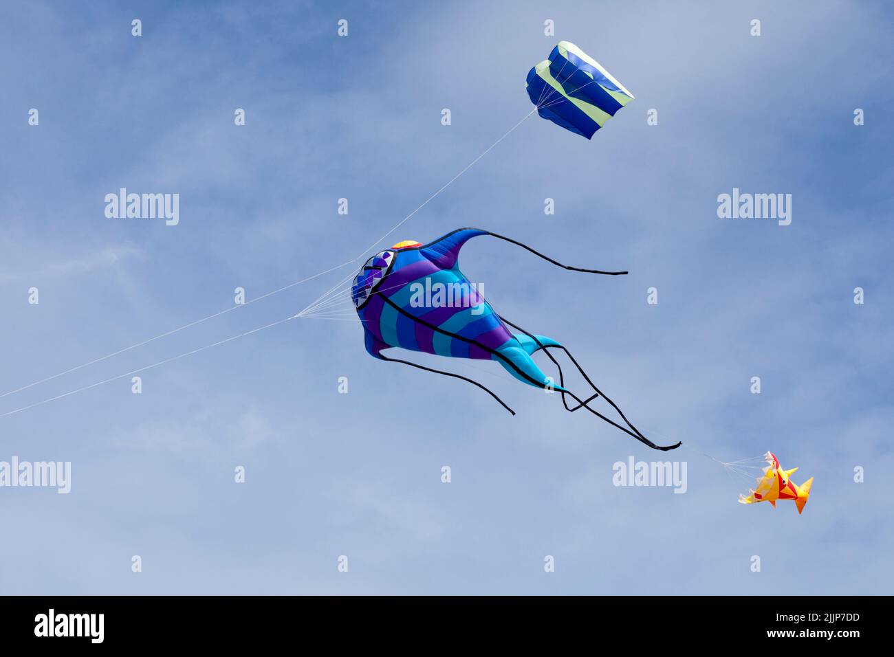 Fish-like kite flying in mid-air during the wind and kite festival in Porspoder, Brittany. Stock Photo