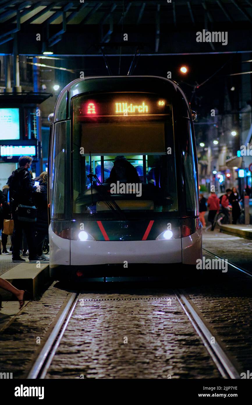 A motion view of train through railway in Strasbourg city center at ...