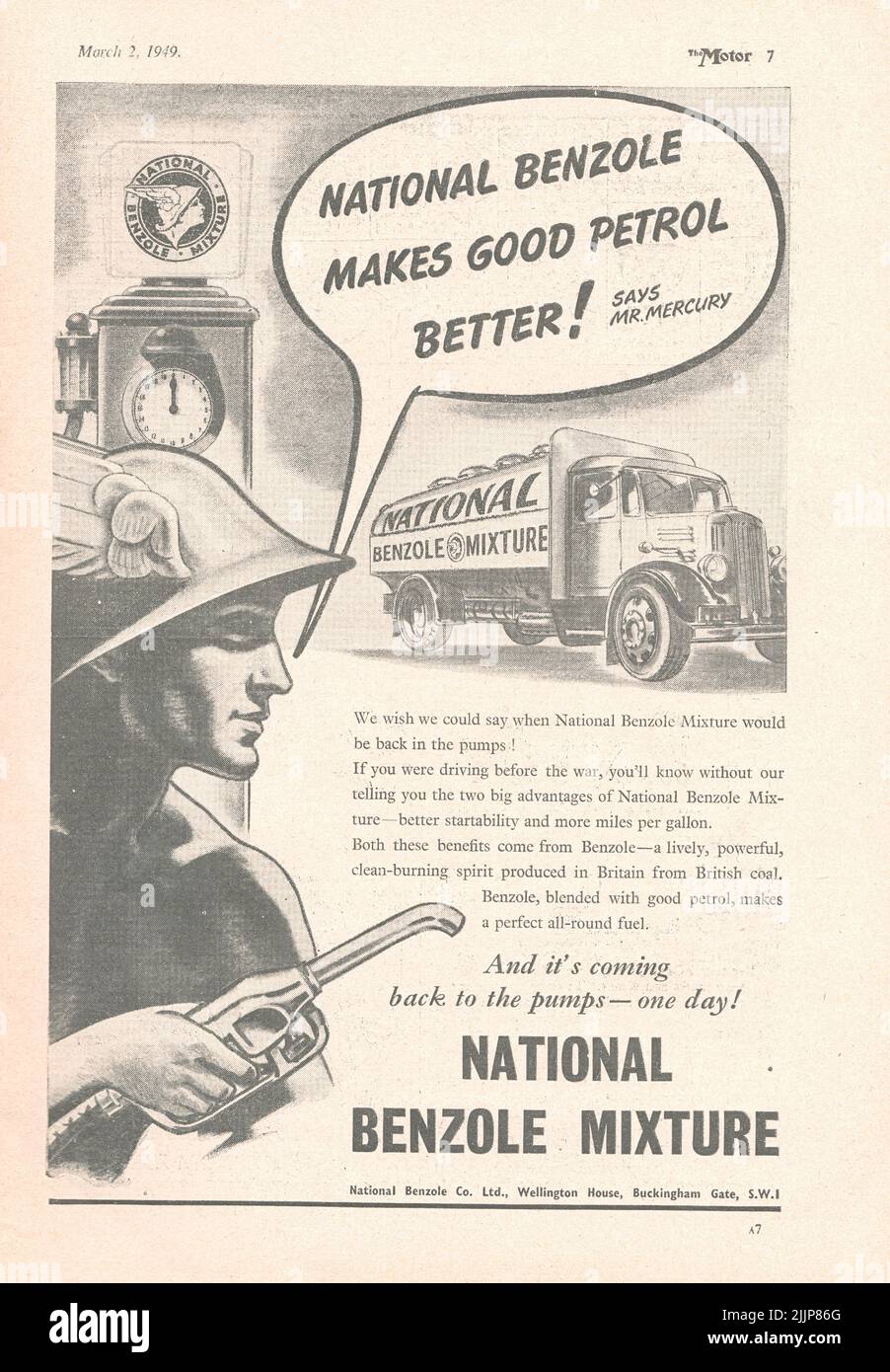 National Benzole Mixture old vintage advertisement from a UK car magazine 1949 Stock Photo