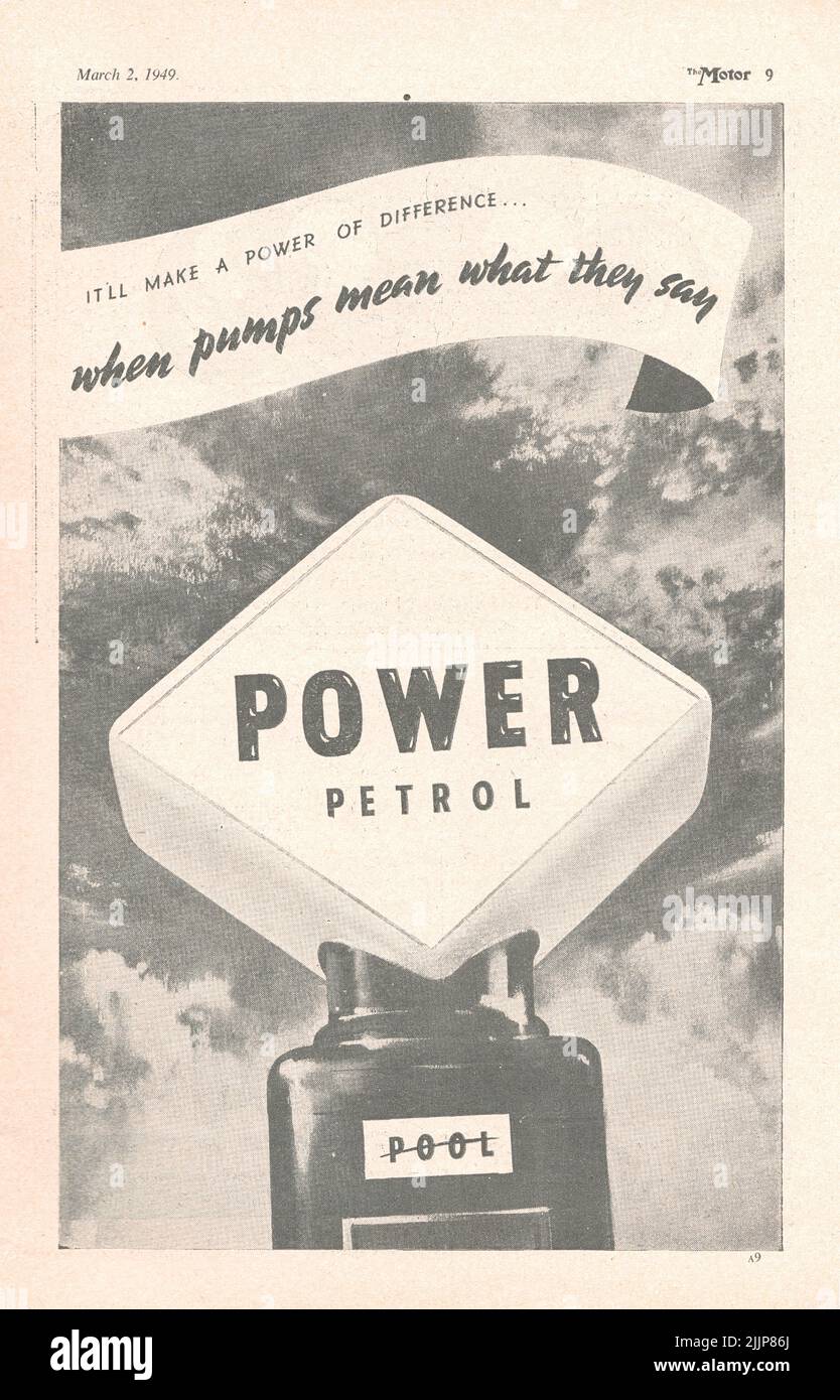 Power petrol old vintage advertisement from a UK car magazine Stock Photo