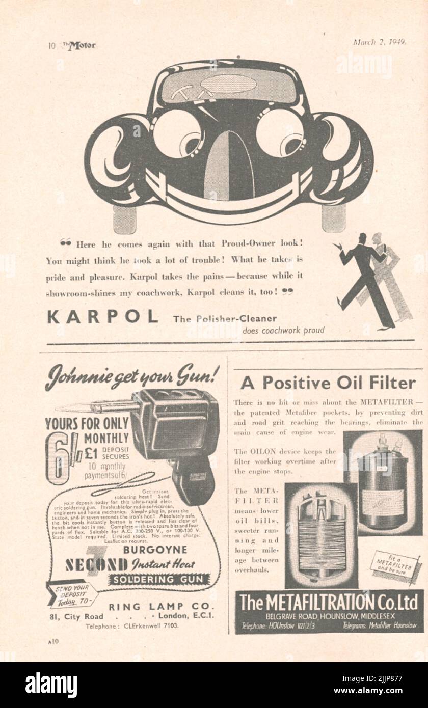 Karpol The Polisher-Cleaner Ring lamp and oil filter  old vintage advertisement from a UK car magazine 1949 Stock Photo