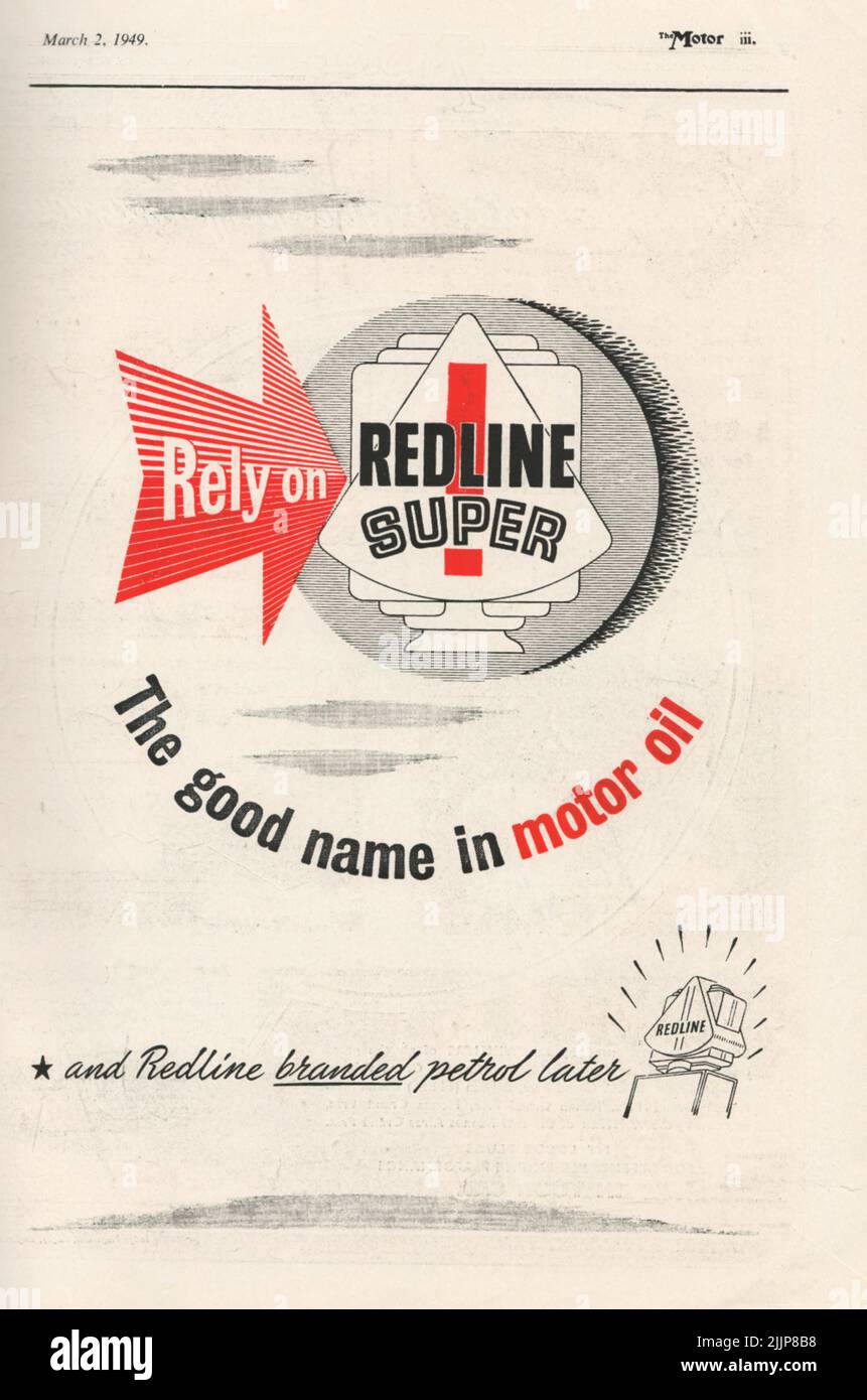 Rely on Redline super motoroil old vintage advertisement from a UK car magazine 1949 Stock Photo