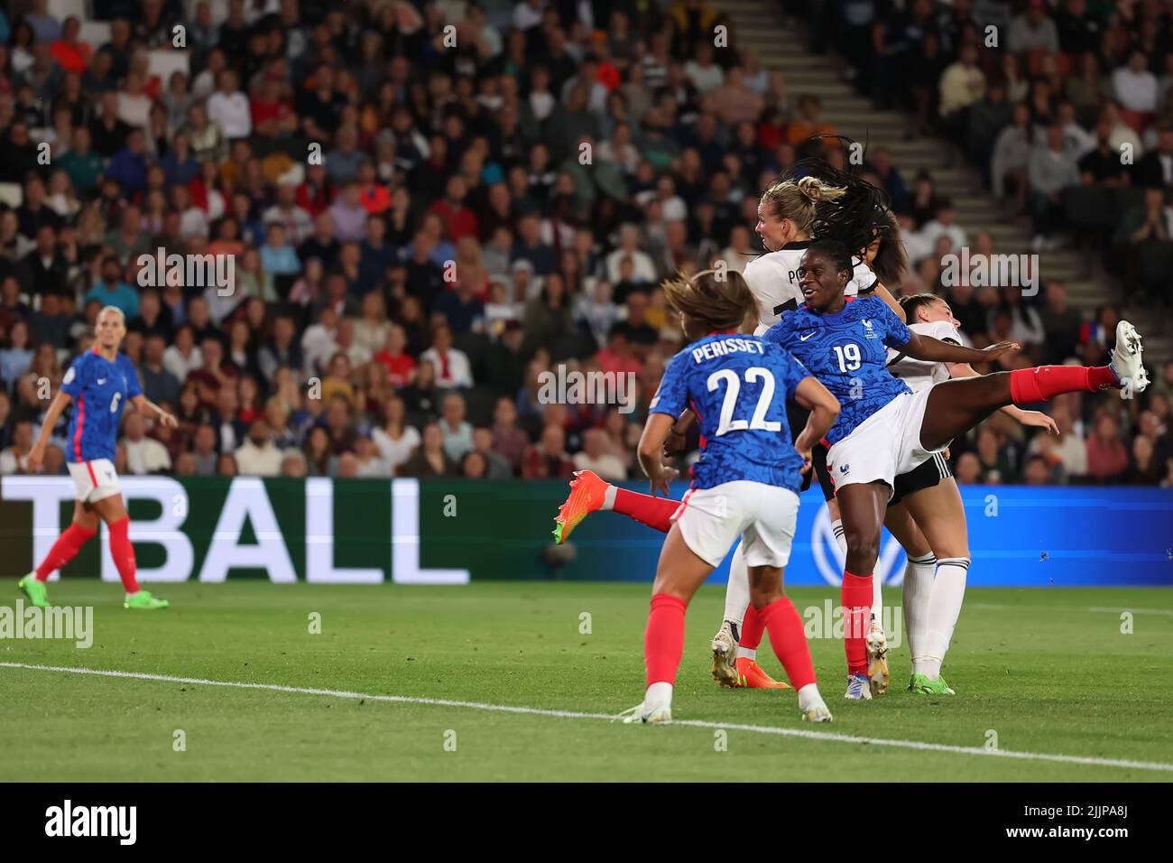 27th July 2022; Stadium MK, Milton Keynes, Bucks, England: Womens European International football tournament, semi-final; France versus Germany: Alexandra Popp of Germany leaps above defenders and scores for 1-2 in the 76th minute Stock Photo