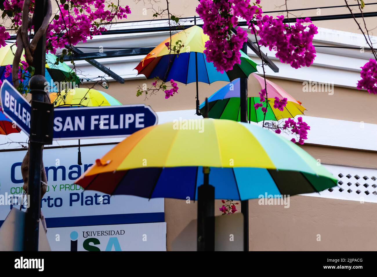 Colorful decorations in the form of rainbow umbrellas in Puerto Plata