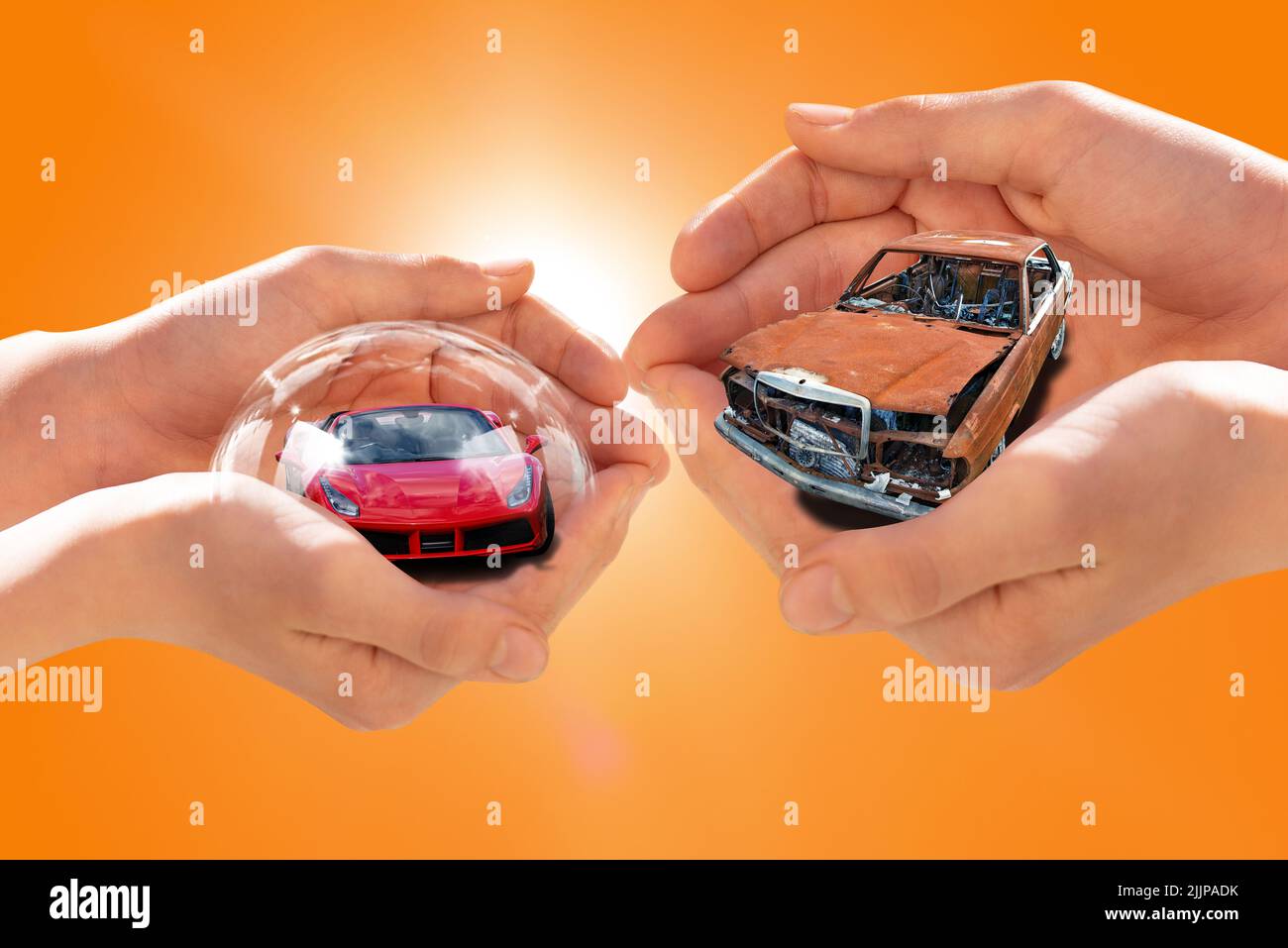 photo of two hands exchanging old broken car to new one Stock Photo Alamy