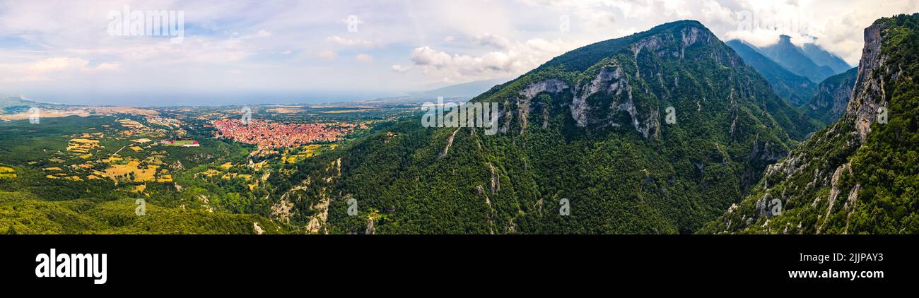 Panoramic aerial shot. Beauty of Greek summer destination. Drone view. Leptokaria and Litochoro. High quality photo Stock Photo