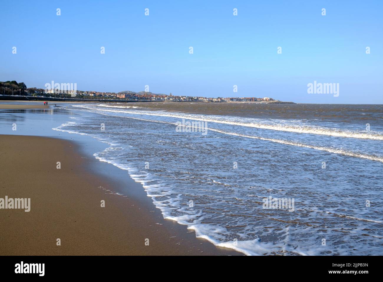 An areal view of the beach on a sunny day in Colwyn bay, North Wales UK Stock Photo