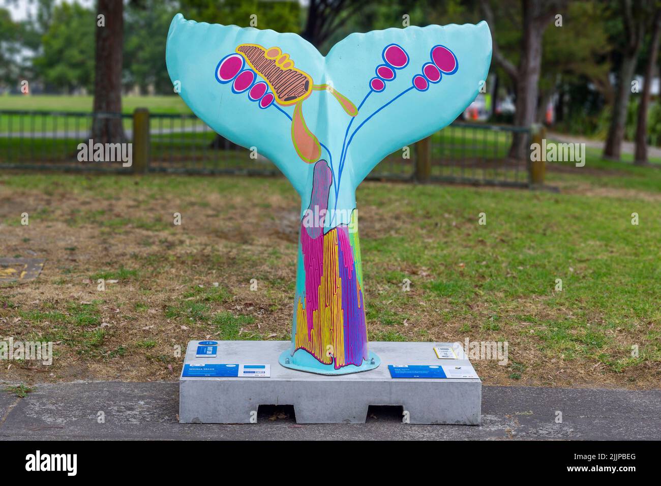 A man-made whale tale art sculpture show in Auckland, New Zealand Stock Photo