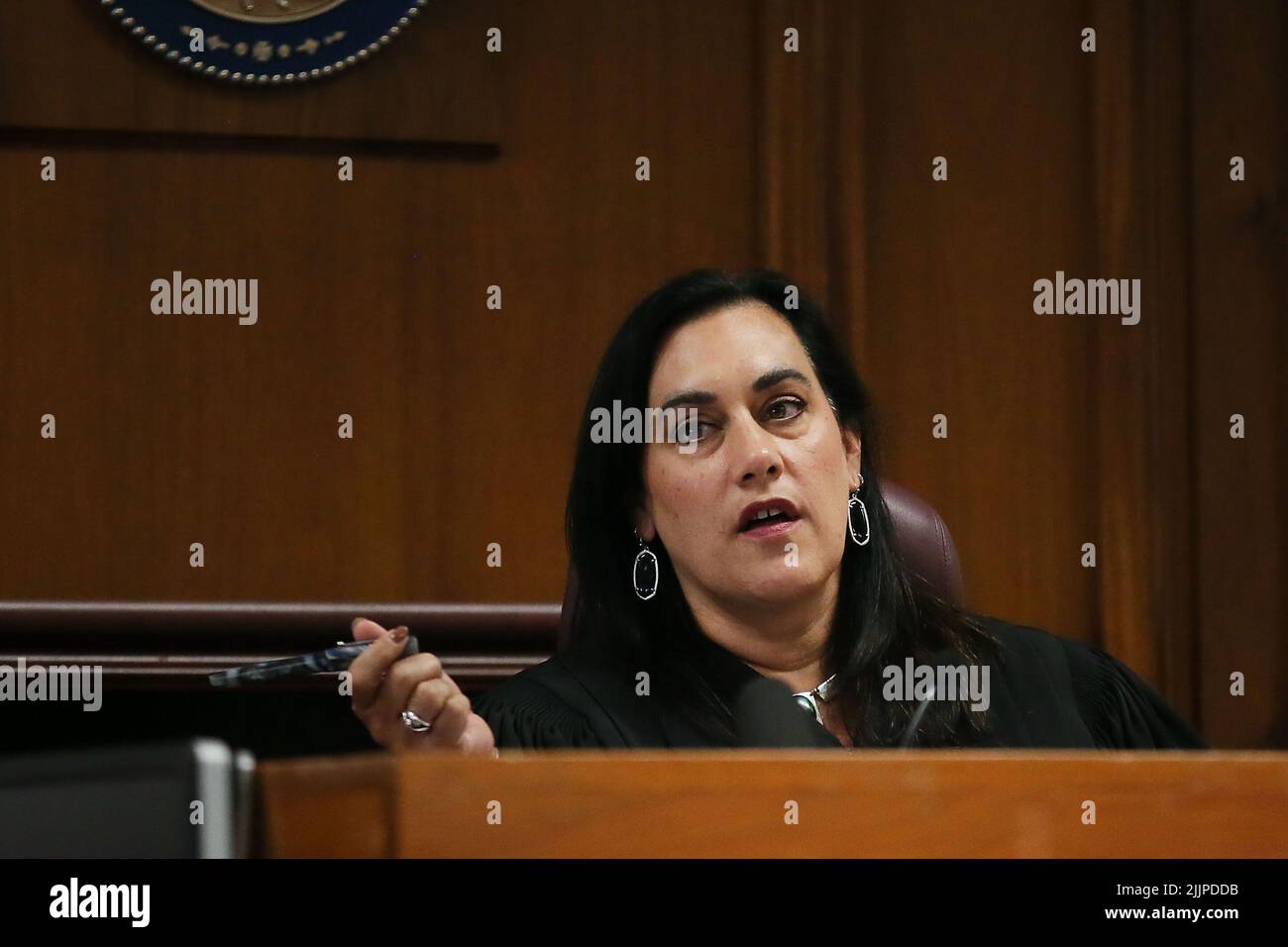 Judge MAYA GUERRA GAMBLE at the Travis County Courthouse Wednesday, July 27, 2022. ALEX JONES has been found to have defamed the parents of a Sandy Hook student for calling the attack a hoax. Credit: Briana Sanchez/POOL Stock Photo