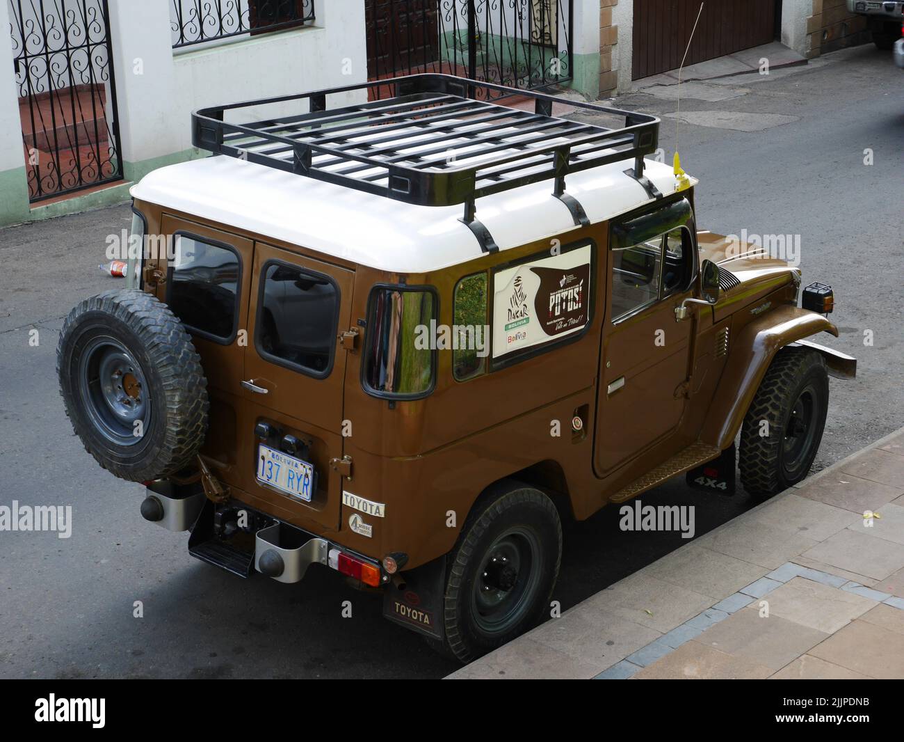 A closeup shot of the Toyota BJ42 Land Cruiser parked at the street in Tupiza, Bolivia Stock Photo