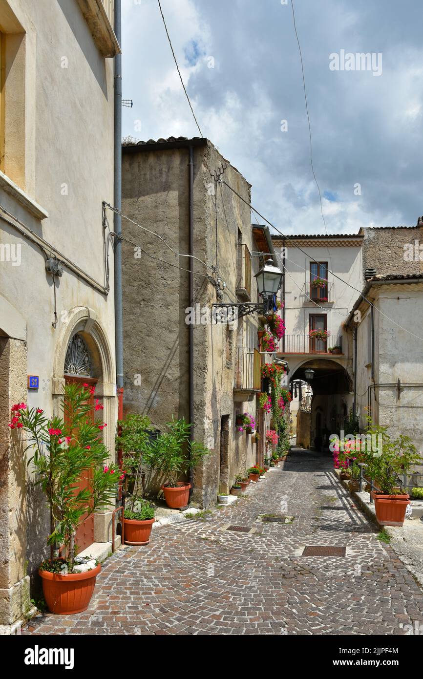 A view of narrow street adorned with flowers among old stone houses of Pacentro Stock Photo