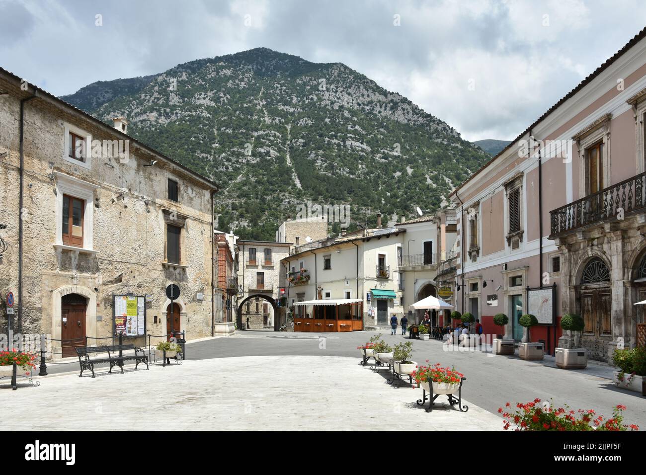 A view of street among the old stone buildings of Pacentro in a